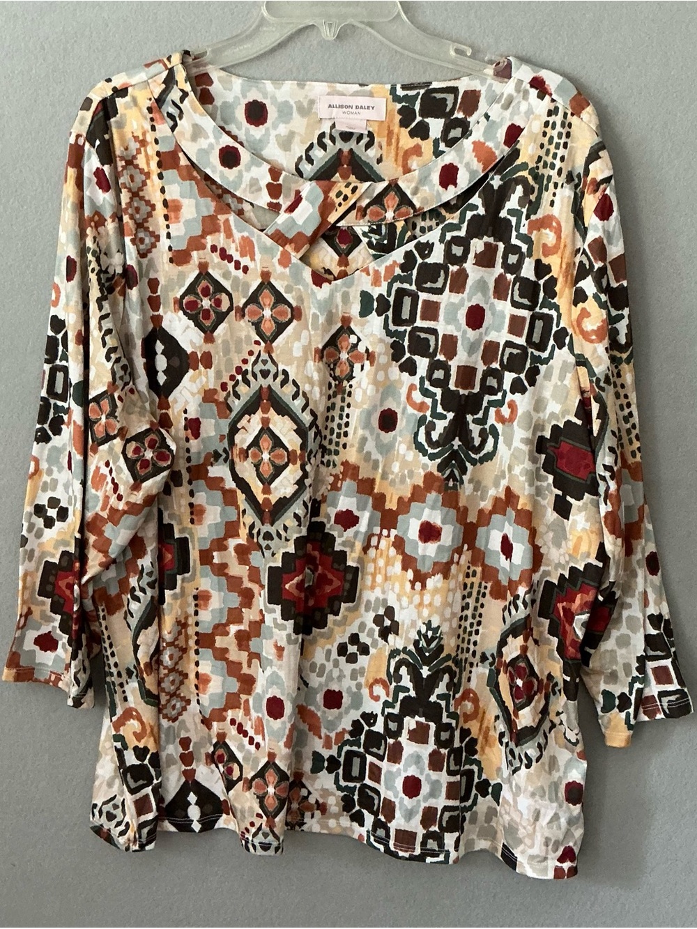 Allison Daley Women 2X Blouse Geometric Southwestern Boho Cutout Collar 3/4 Slv